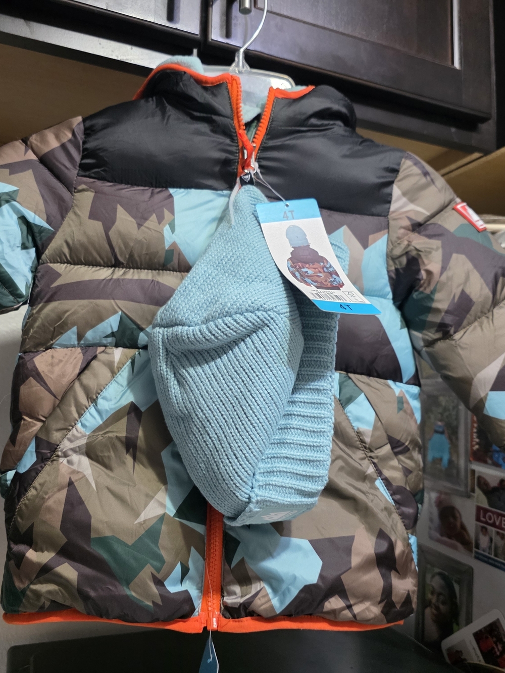 Snozu Aqua Knit Beanie & Camouflage Puffer Jacket Set - Light Blue Toddler 4T